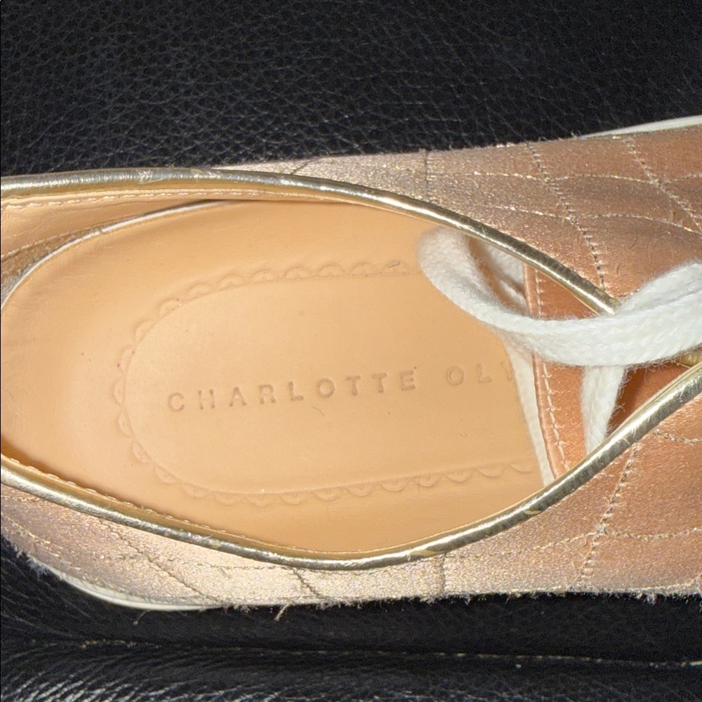 Charlotte Olympia Quilted Peach Satin Lace-Up Sneakers - Picture 2 of 8